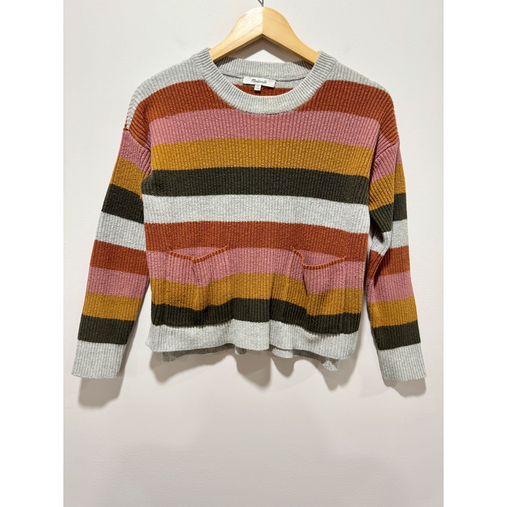 Madewell Multi Color Striped Ribbed Crewneck Sweater with Pockets XS